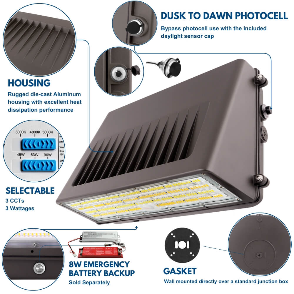 Full Cutoff LED Wall Pack - 90W/63W/45W Selectable - 14,900 Lumens - 3 CCT Selectable - 120-277V - 320W Equal
