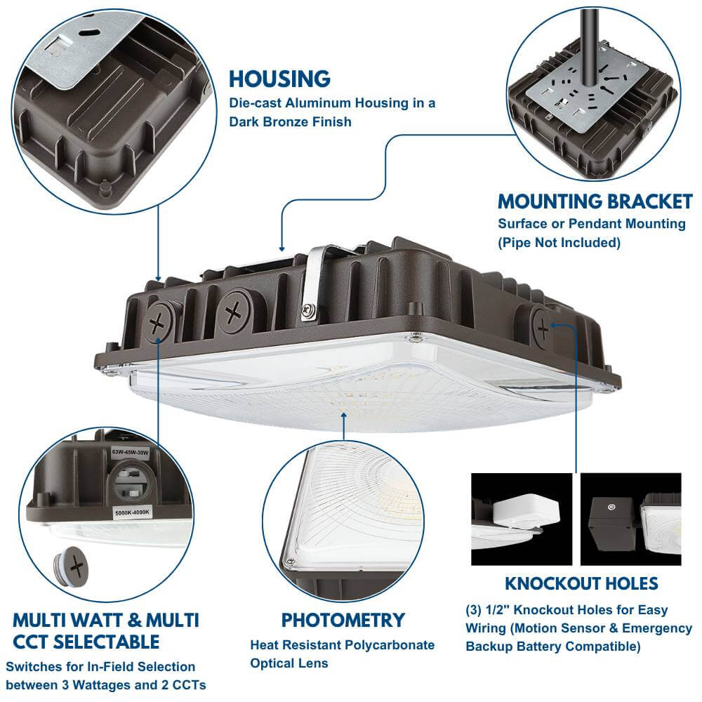 LED Canopy Light with Emergency Battery Backup - 63W/45W/30W Selectable - 5000K/4000K - 9,360 LM - Dimmable - 120-277V - 150W Equal