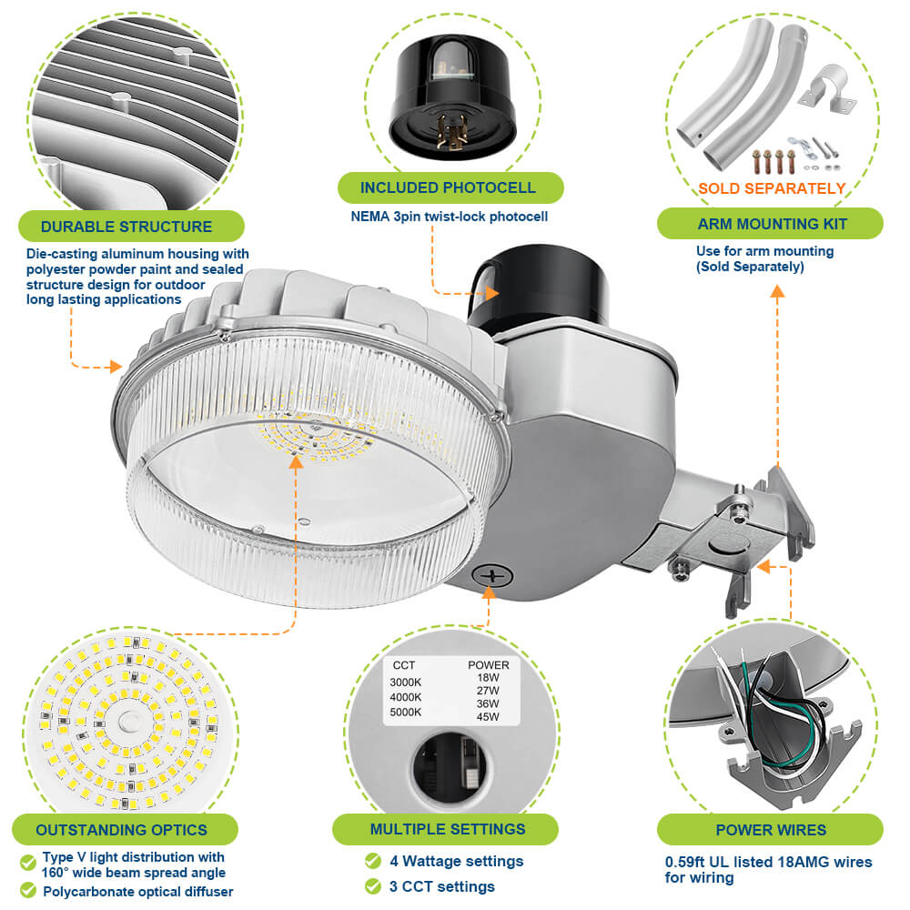 Konlite LED Dusk to Dawn Light - 45W - 6,200 LM Max - 4 Watts Selectable - 5000K/4000K/3000K - 120-277V - 150W Equal