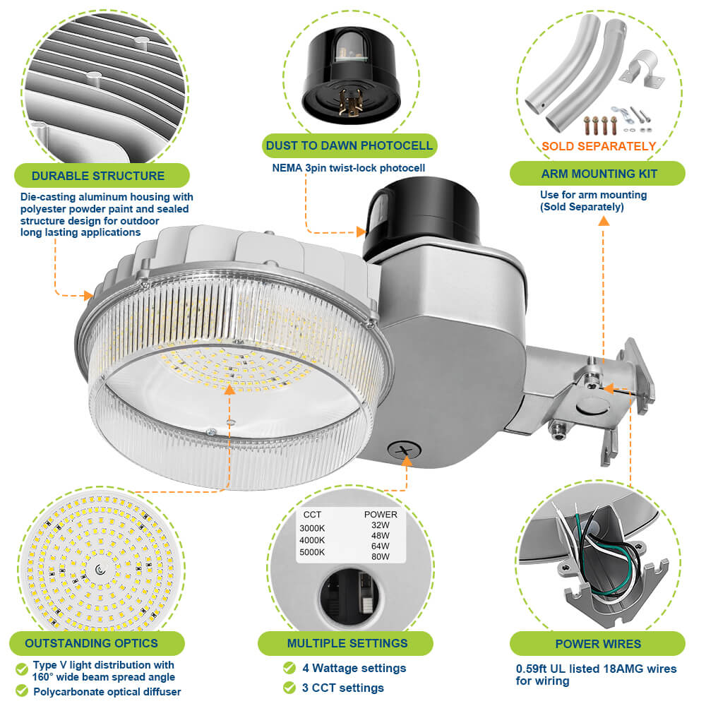 Konlite LED Dusk to Dawn Light - 80W - 4 Watts Selectable - 12,000 LM Max - 5000K/4000K/3000K - 120-277V - 250W Equal