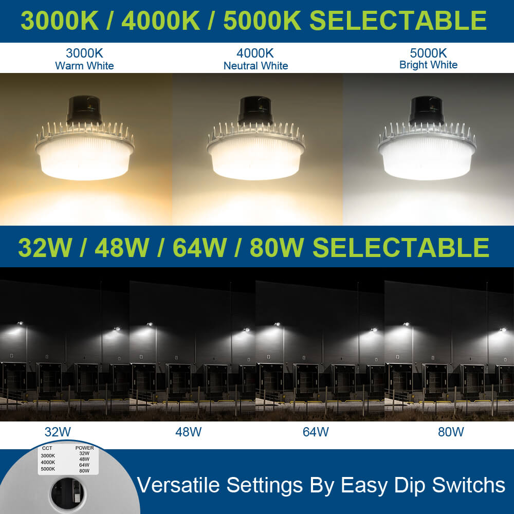 Konlite LED Dusk to Dawn Light - 80W - 4 Watts Selectable - 12,000 LM Max - 5000K/4000K/3000K - 120-277V - 250W Equal