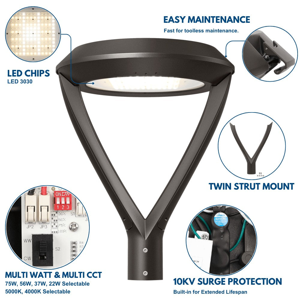 LED Post Top Light - Architecture Premium Post Top - 10,500 lumens  - 75W - 4 Watts Selectable - 5000K/4000K Selectable - 120-277V - 100W-320W Equal