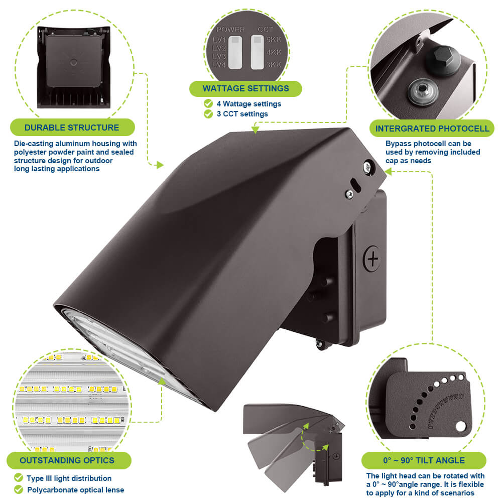 Konlite LED Slim Adjustable Wall Pack Light  - 40W/32W/24W/16W - 6,200 Lumens Max - CCT Selectable - 120-277V - 100W Equal