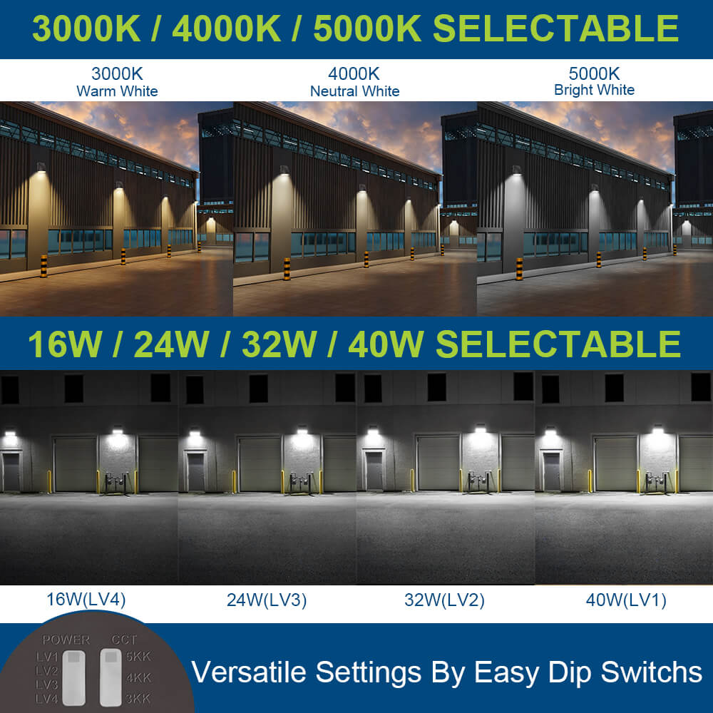Konlite LED Slim Adjustable Wall Pack Light  - 40W/32W/24W/16W - 6,200 Lumens Max - CCT Selectable - 120-277V - 100W Equal