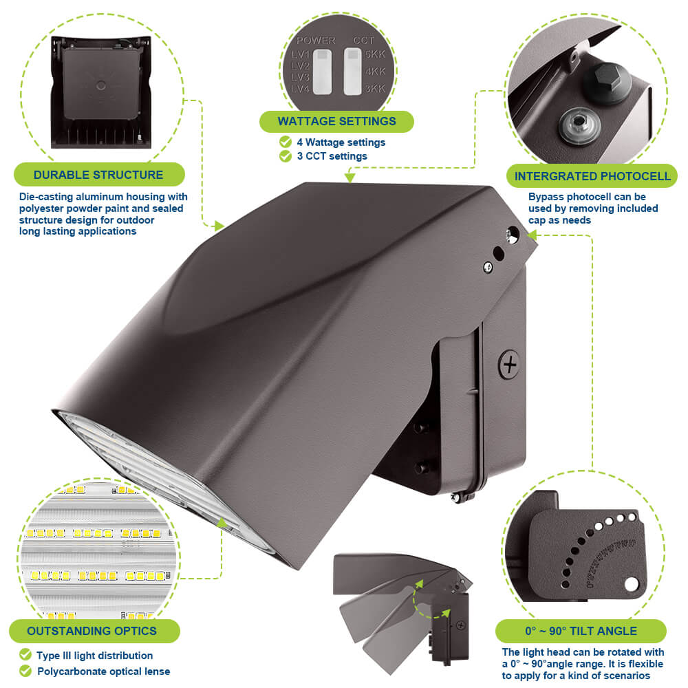 Konlite LED Slim Adjustable Wall Pack Light - 80W/64W/48W/32W - 12,000 Lumens - CCT Selectable - 120-277V - 250W Equal
