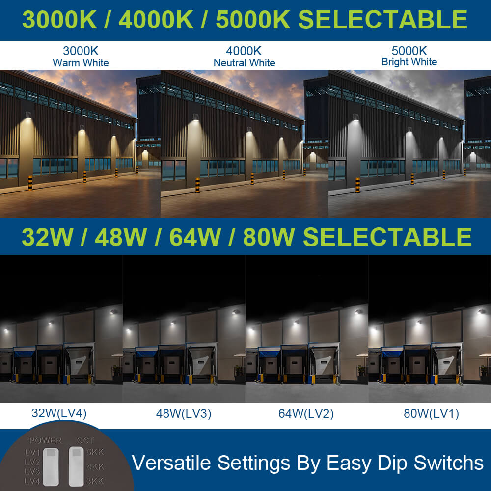 Konlite LED Slim Adjustable Wall Pack Light - 80W/64W/48W/32W - 12,000 Lumens - CCT Selectable - 120-277V - 250W Equal