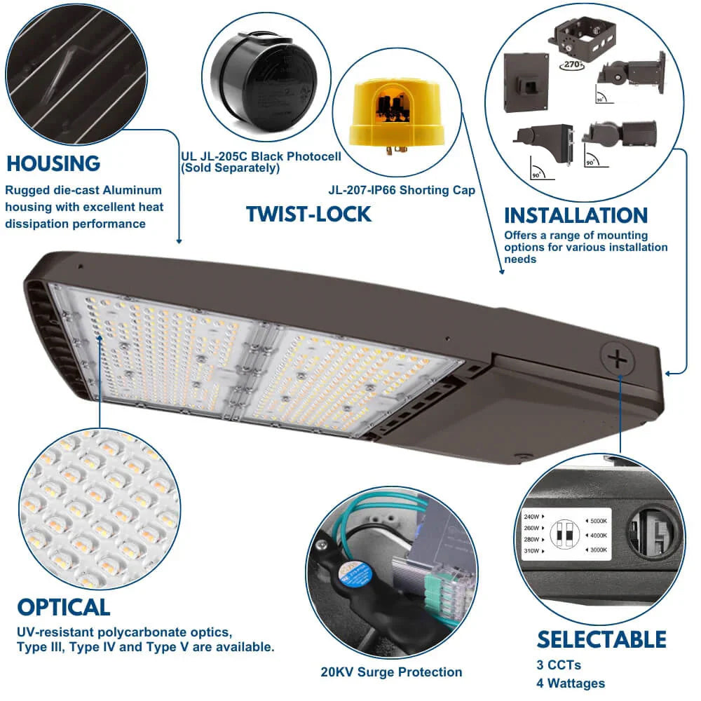 Vela III LED Parking Lot Light - Type V - 310W/280W/260W/240W Selectable - 3 CCT - 277-480V - 46,600 Lumens - 1000W Equal