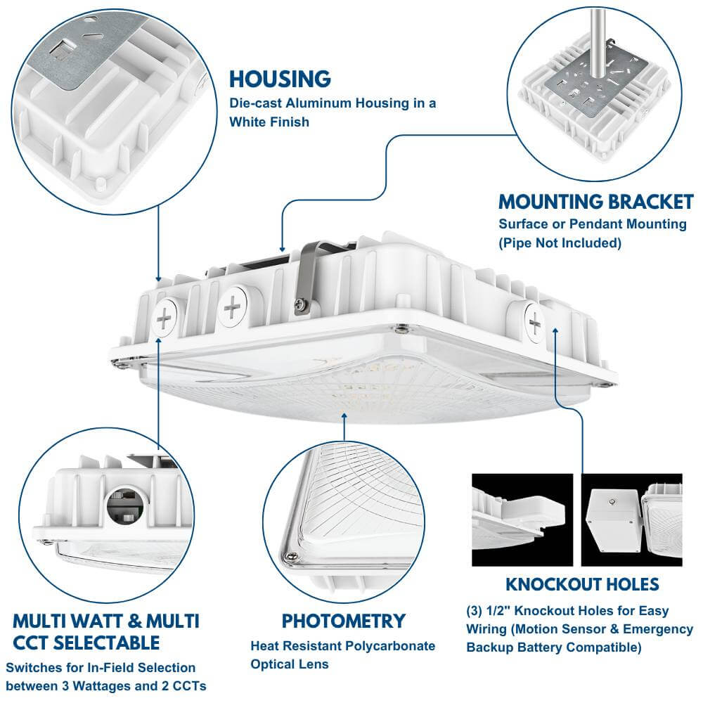 LED Canopy Light - White - 63W/45W/30W Selectable - 5000K/4000K - 9,360 LM - Dimmable - 120-277V - 150W Equal
