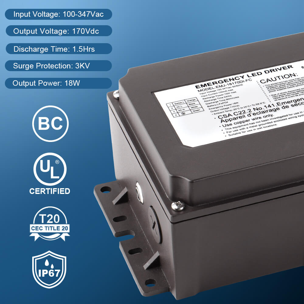 Outdoor LED Emergency Backup Driver - Constant Power - 18W - 100-347Vac Input - 170Vdc Output