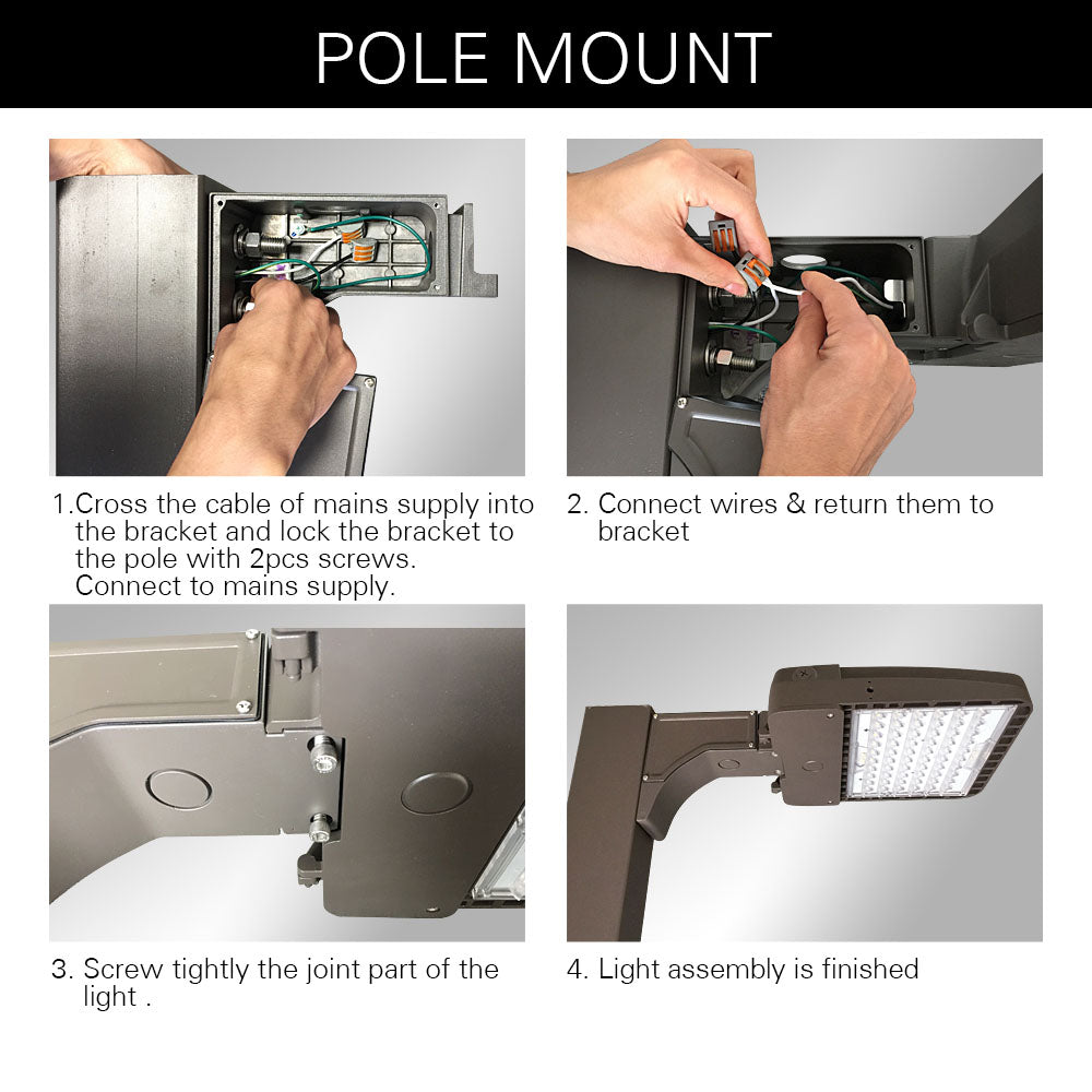 4 steps pole mount installations guides for a LED parking lot light