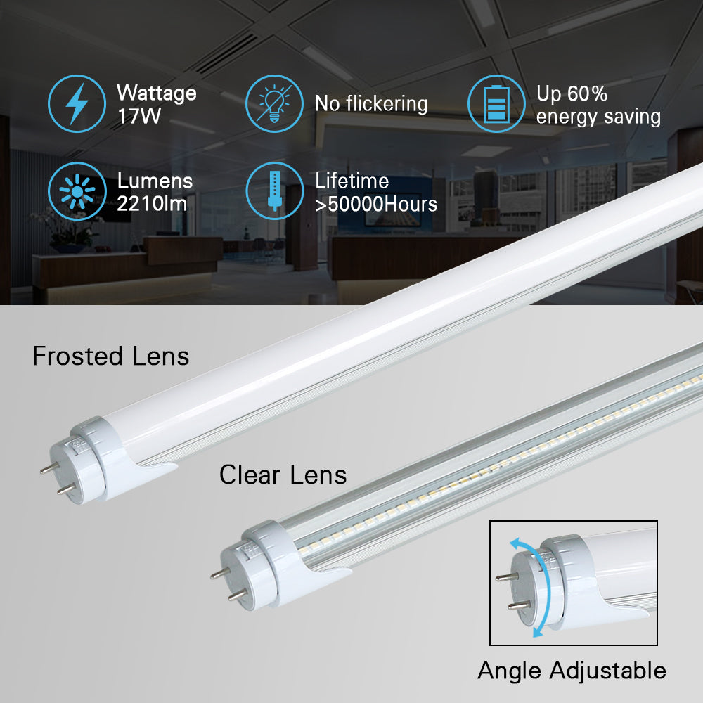 one frosted and one clear lens LED T8 bulbs displayed with main features